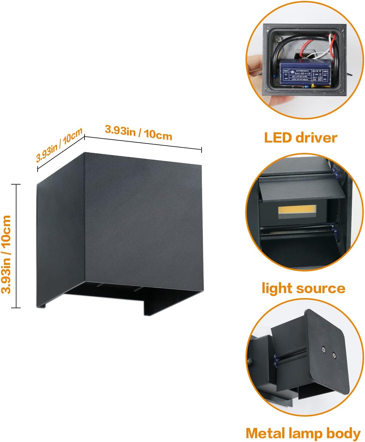 GOECO Lot de 2 appliques murales intérieures/extérieures, 12W, étanches IP65, 3000K, appliques murales carrées pour porche, couloir, salon - Noir - 4