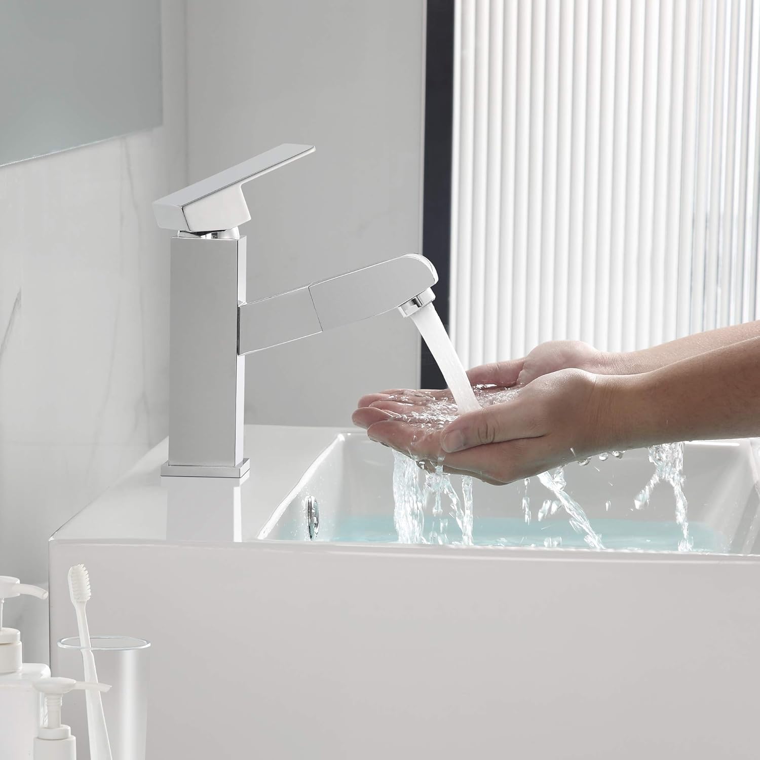 Robinet de lavabo de salle de bain, robinet à poignée unique extractible, corps en laiton durable, options eau chaude et eau froide, facile à install - 3