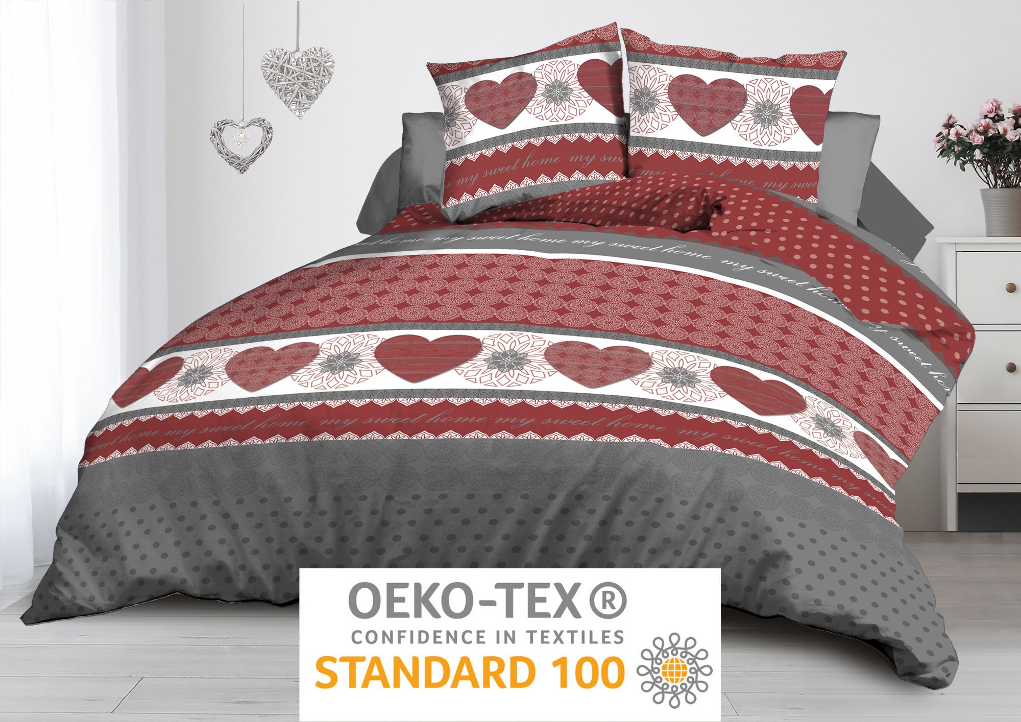 Parure Drap plat + drap-housse 140x190 + 2 Taies - Microfibre - Coeurs rouge - 6