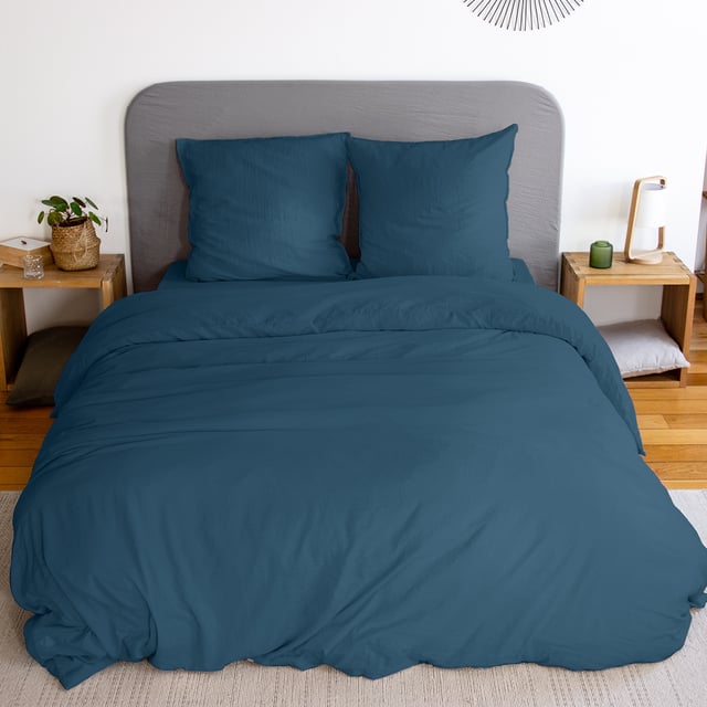Parure 240x220 cm MILA polyester micro lavée bleu nuit 3 pièces