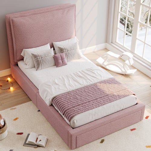 Letto Singolo Imbottito Idraulico 90x200 Cm Con Testiera Bouclé Rosa E Vano Contenitore – Senza Materasso