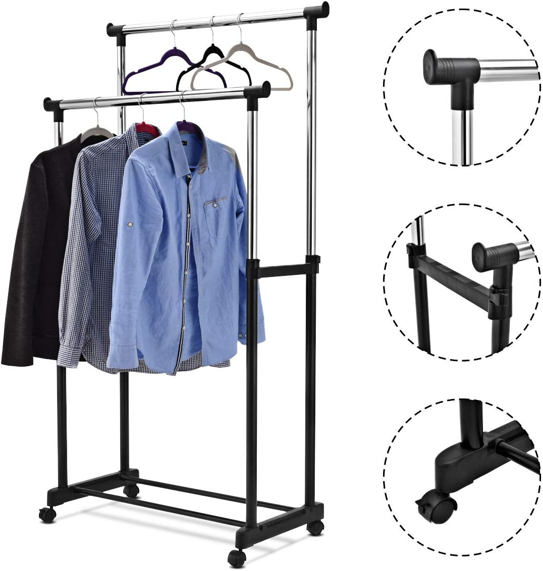 Stand Appendiabiti Multiuso in Metallo, Porta Abiti con Ruote, Appendiabiti Doppio con Altezza Regolabile, 86x43x94-168 cm - 3