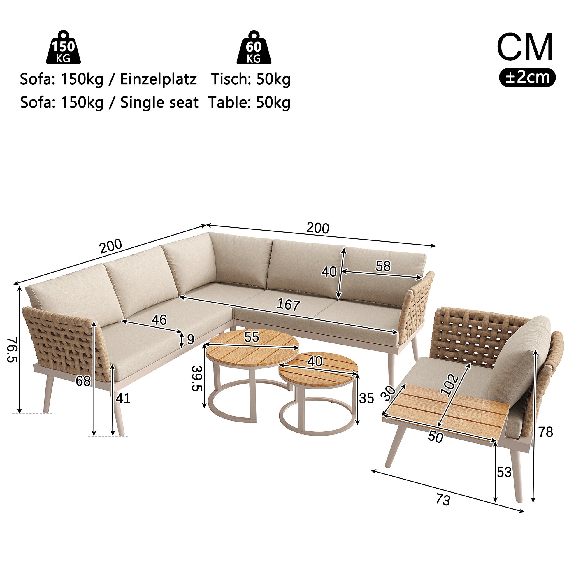 Salon de Jardin Exterieur pour 6 places,avec 2 tables basses en bois,Canapé d'angle extérieur en forme de L,avec coussin,Main courante tressée, Beige - 4
