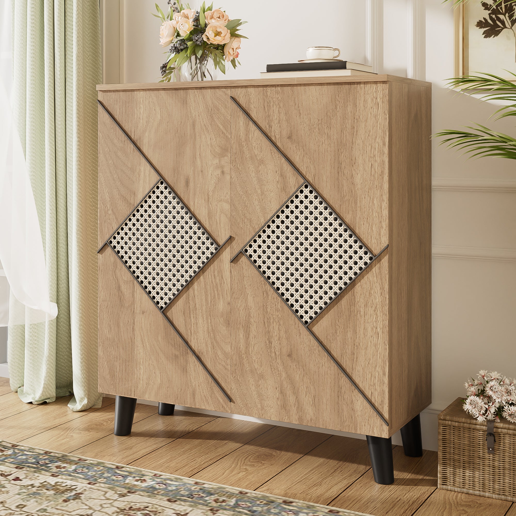 Szafka na buty z 2 drzwiami imitującymi rattan - 80 x 32 x 91 cm - Płyta wiórowa i nogi z tworzywa PVC - Kolor drewna