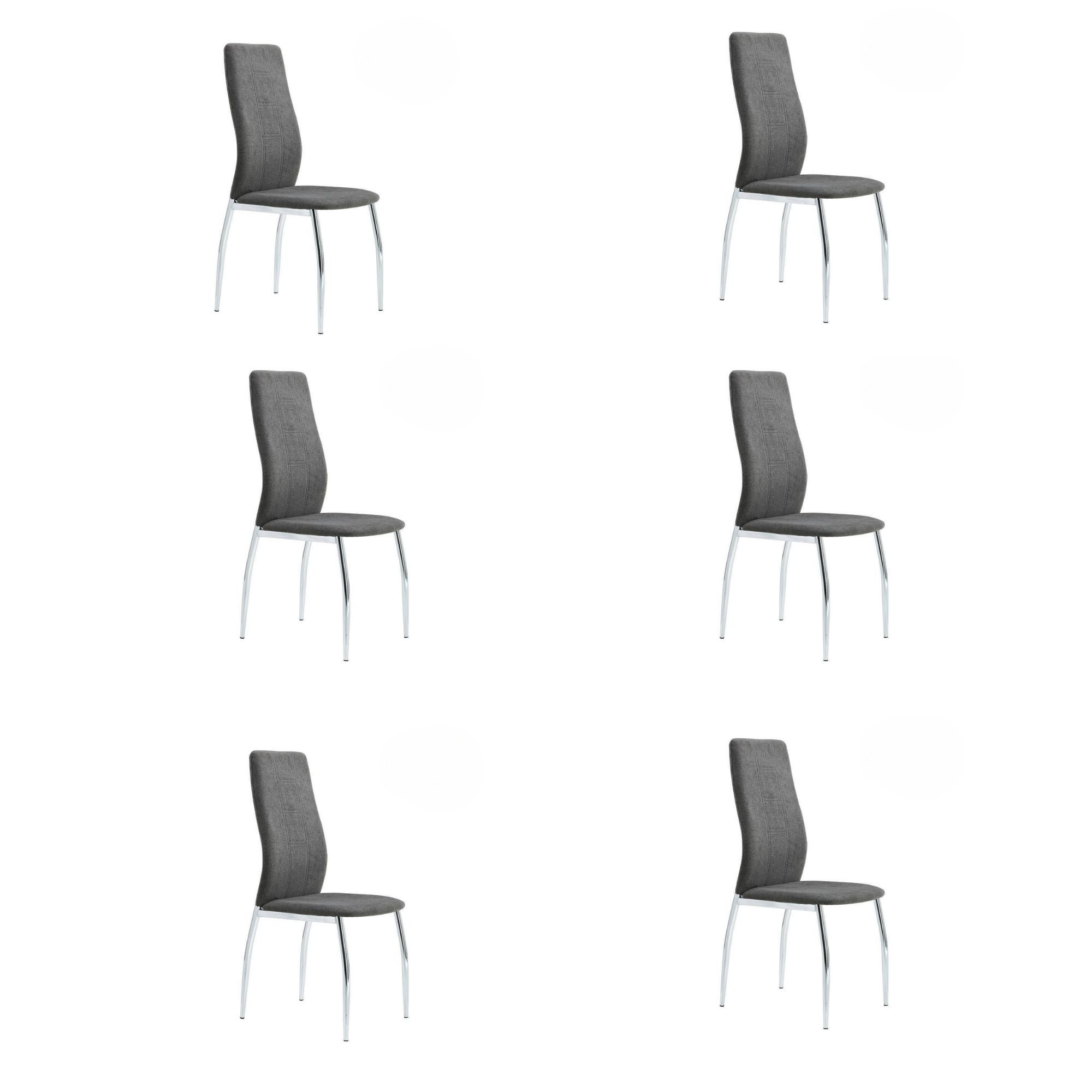 Pakiet 6 krzeseł tapicerowanych szarą tkaniną z chromowanymi metalowymi nogami, wzór z geometryczną ornamentą, wymiary 44x47x99 cm