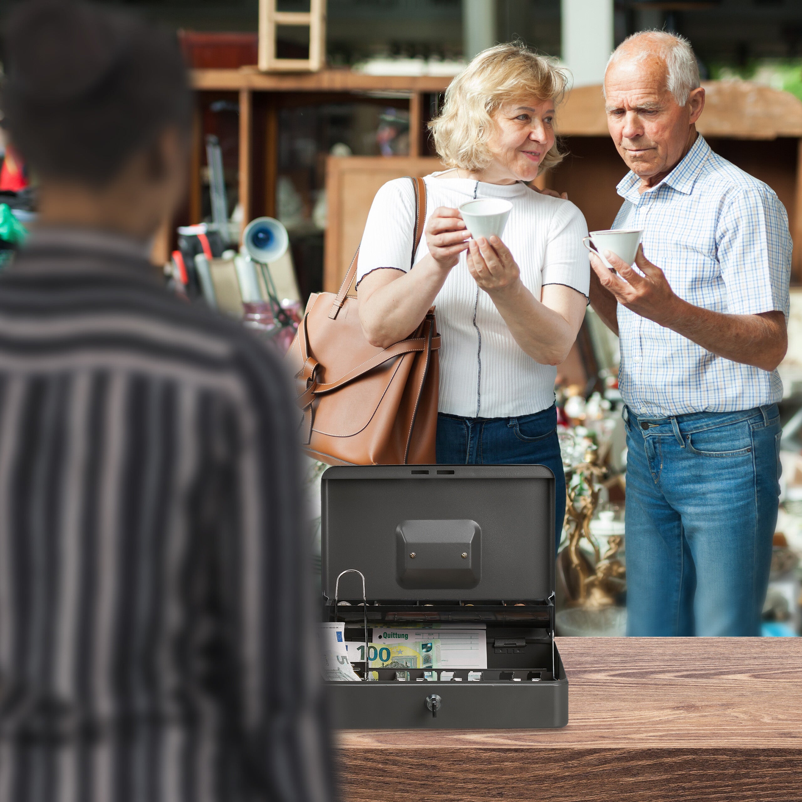 Relaxdays Caisse à monnaie, verrouillable, compartiments pour pièces et billets, fer, HLP 8,5 x 30,5 x 24,5 cm, argent - 5