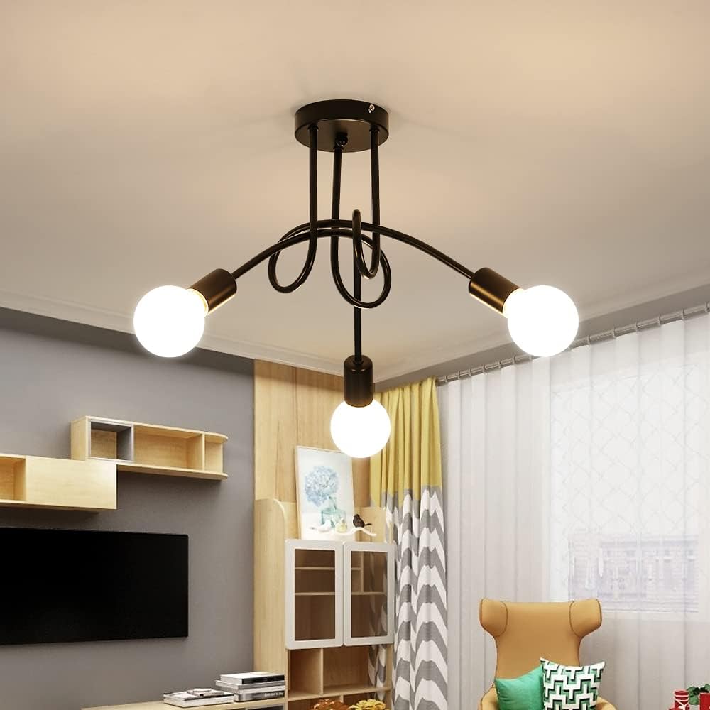 GLAMARIS Plafonnier Métallique Noir 3 Têtes,E27 Sans Ampoules,Design Vintage,40x40x30cm,Éclairage Décoratif pour Salon et Chambre - 9