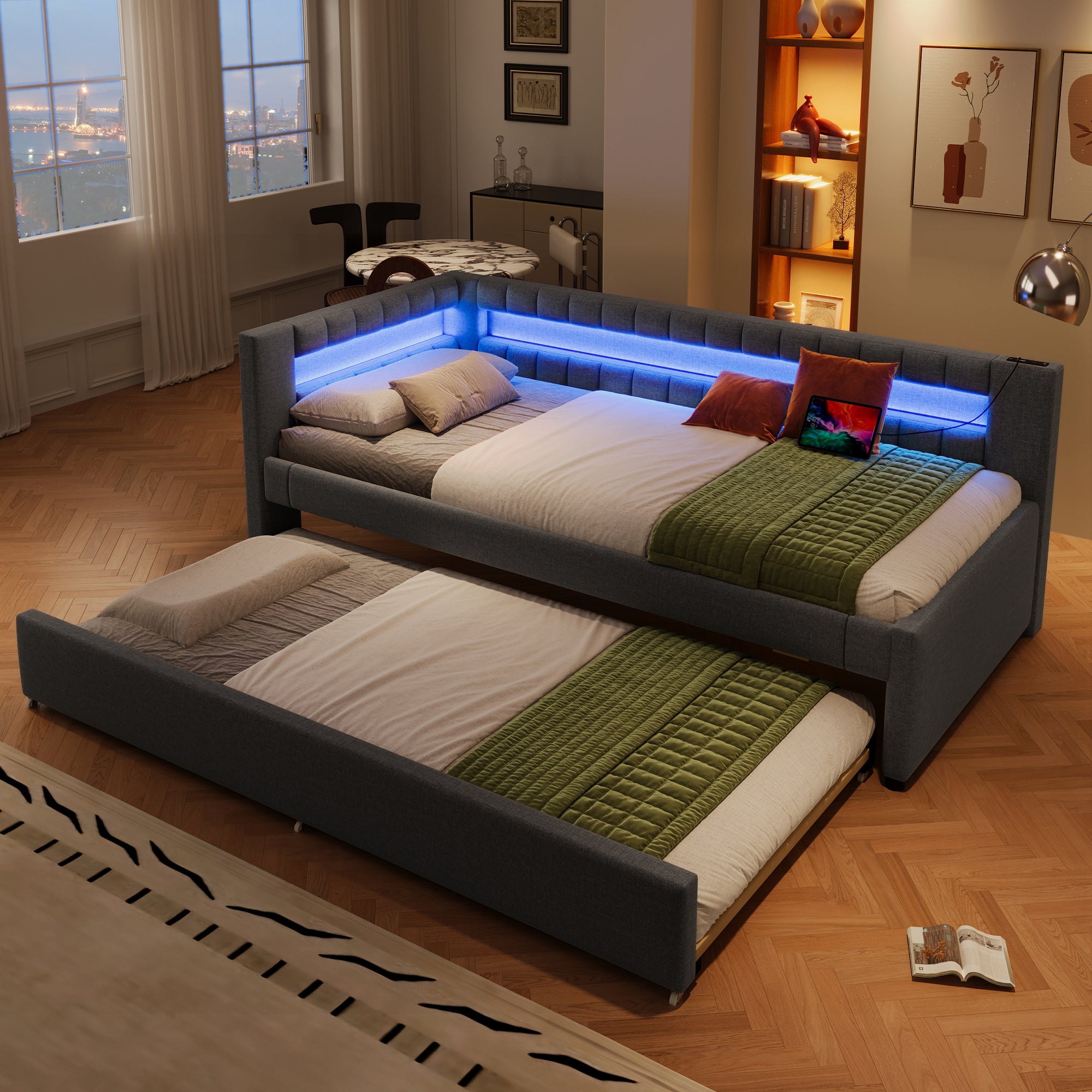 Cama nido para adultos de lino 90 × 200 cm con barra luminosa LED, sofá cama 2 en 1 con somier de láminas, USB + TYPE-C, Gris (sin colchón) - 5