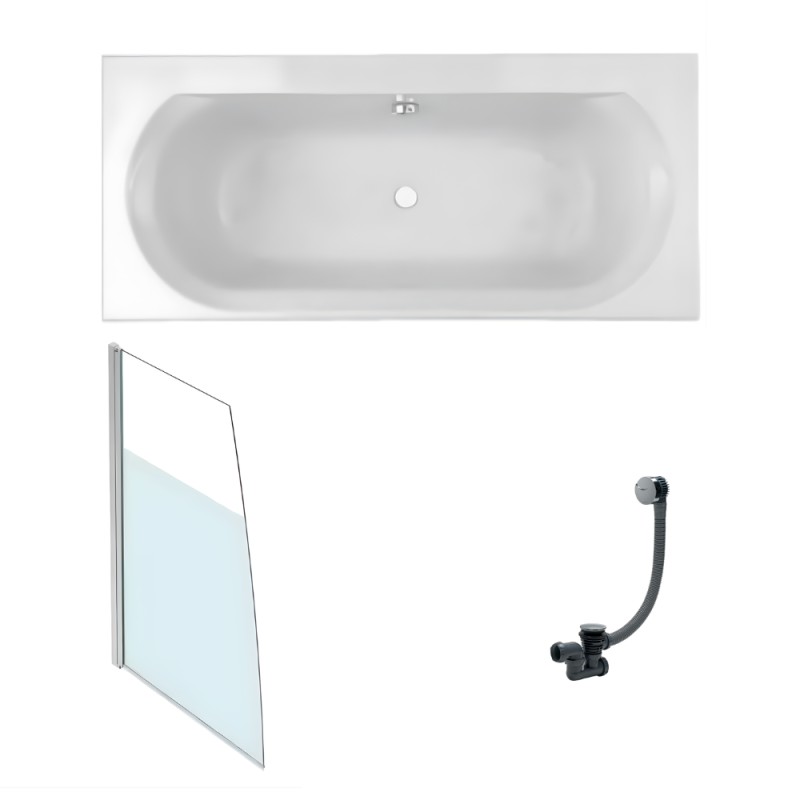 Bañera derecha de 180 x 80 cm, acrílica elise + mampara de baño con puerta a la izquierda + desagüe