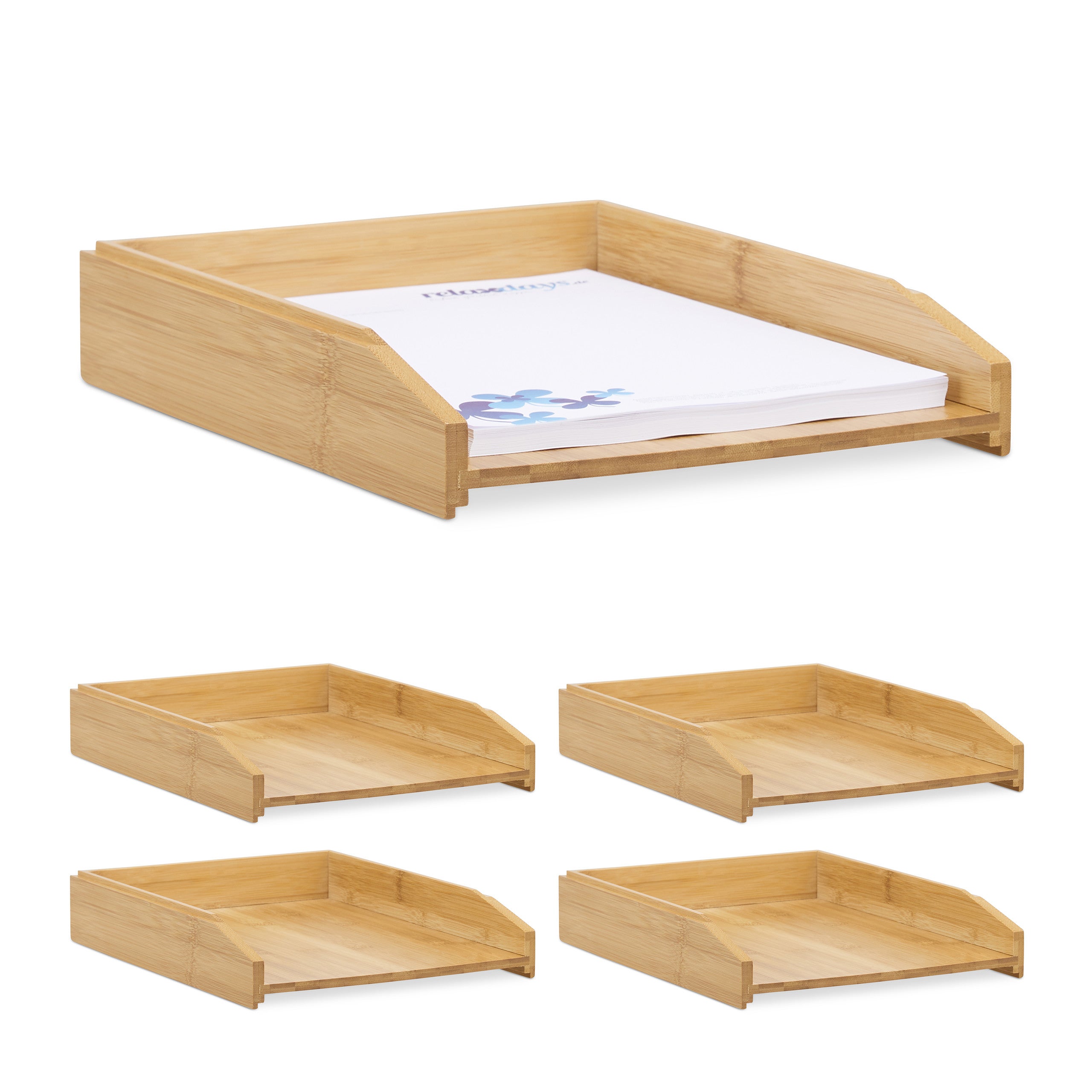 Relaxdays Lot 4 Corbeilles à Courrier Empilables Bambou Nature - Rangement A4 Bureau & Documents