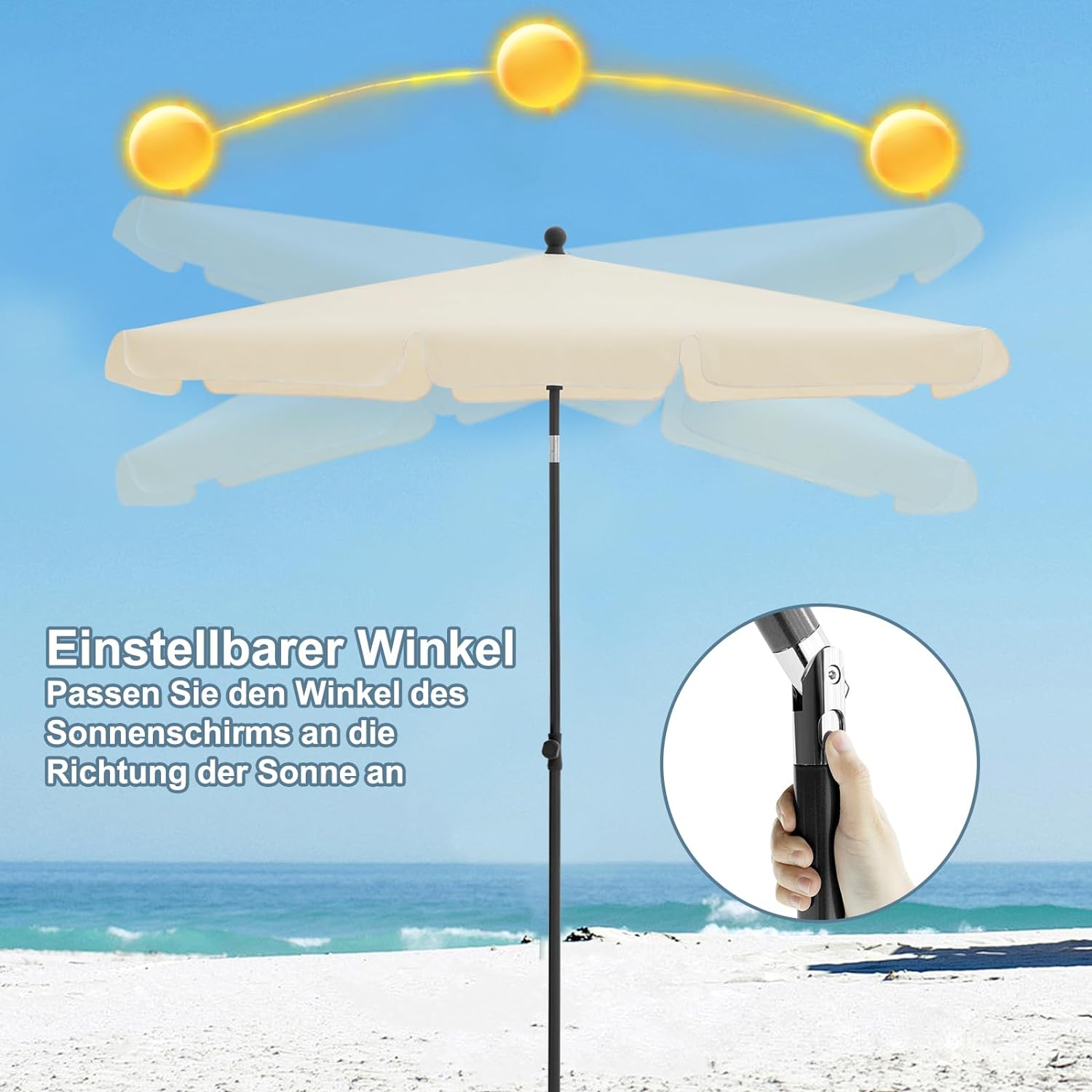 WOLTU Parasol de Jardin Extérieur, Parasol Plage, Parasol Rectangulaire Inclinable, Hauteur Réglable, Protection UV, 180g/m², 2x1,2m, Beige - 5