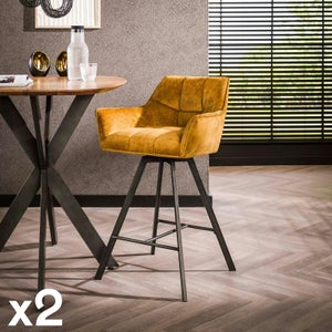 Tabourets De Bar En Velours – Lot De 2 Chaises Hautes Pivotantes – Design Moderne Avec Pieds Métal, Jaune
