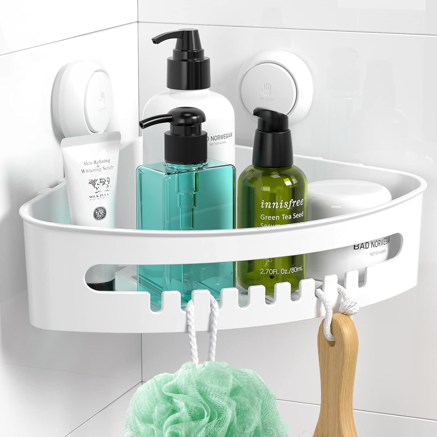 Confezione Da 2 Mensole Angolari Per Doccia Con Ventose E 4 Ganci, Organizer Bagno Senza Fori, Plastica Antiruggine
