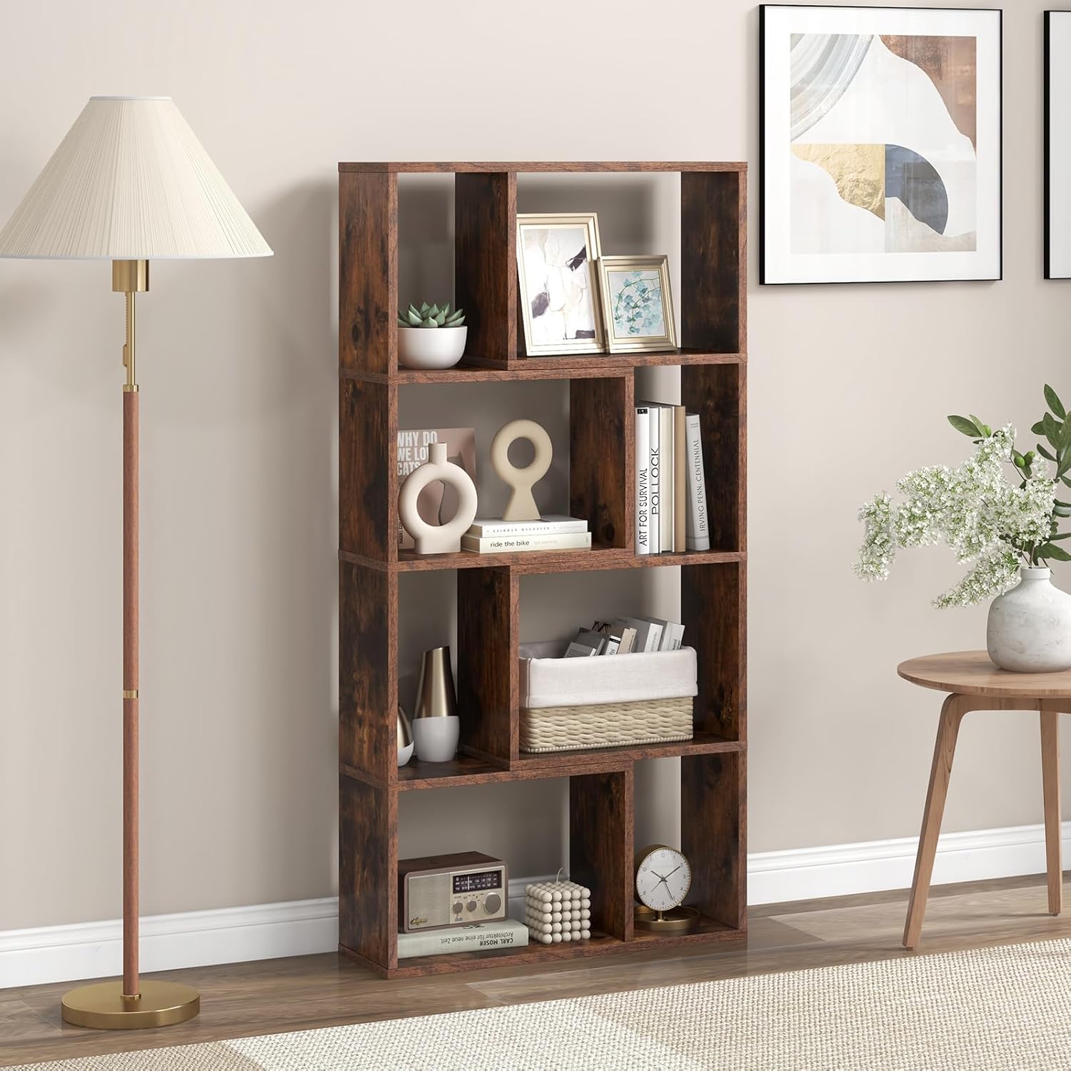 Bibliothèque Étagère à 8 Compartiments Ouvertes, Meuble de Rangement avec Kits Anti-basculement, pour Salon, Bureau, 20x60x120cm, Marron - 6