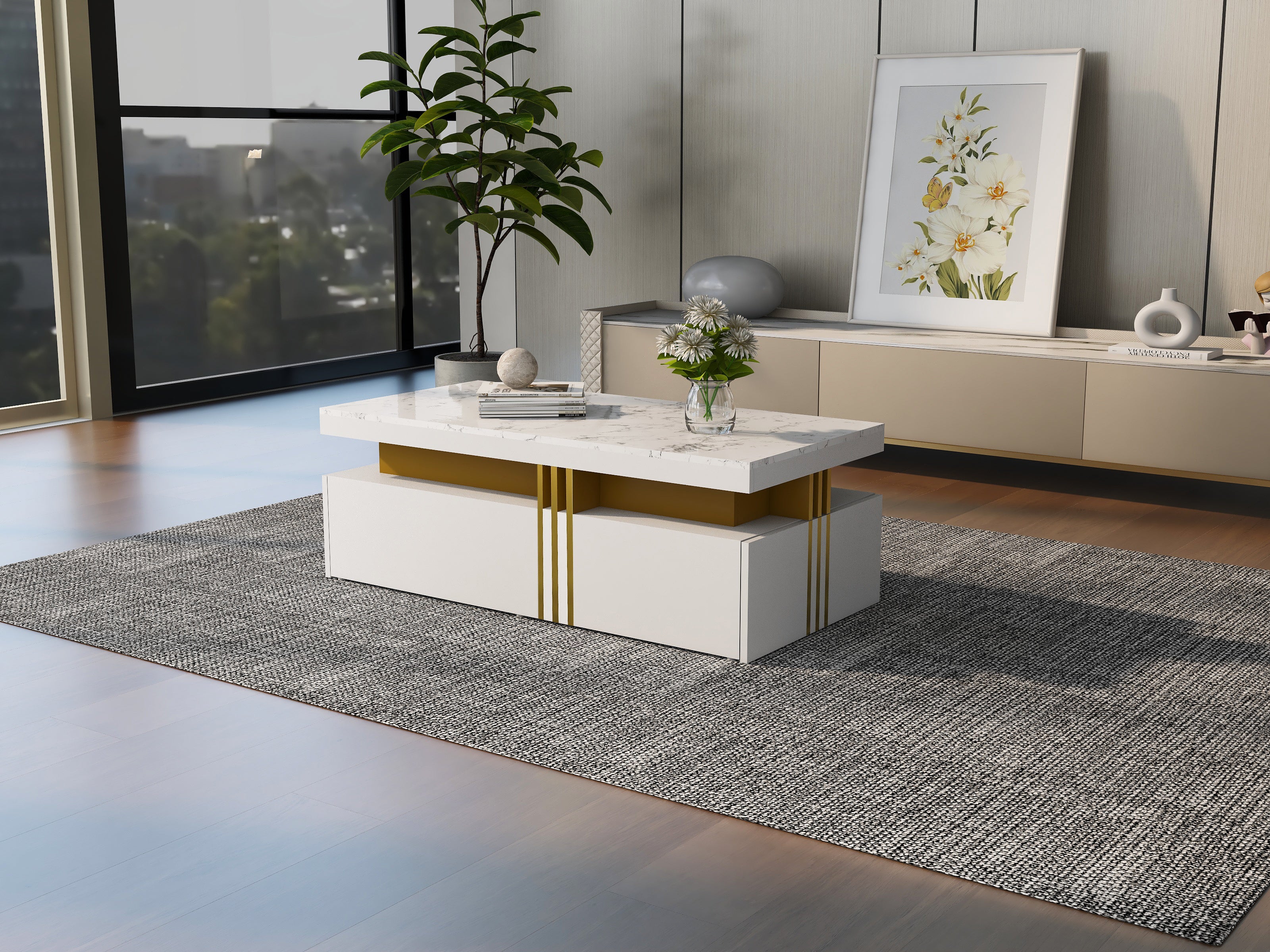 Table basse rectangulaire avec 2 tiroirs - 100x50x40 cm - panneaux de particules - plateau marbré, pour salon - blanc - 9