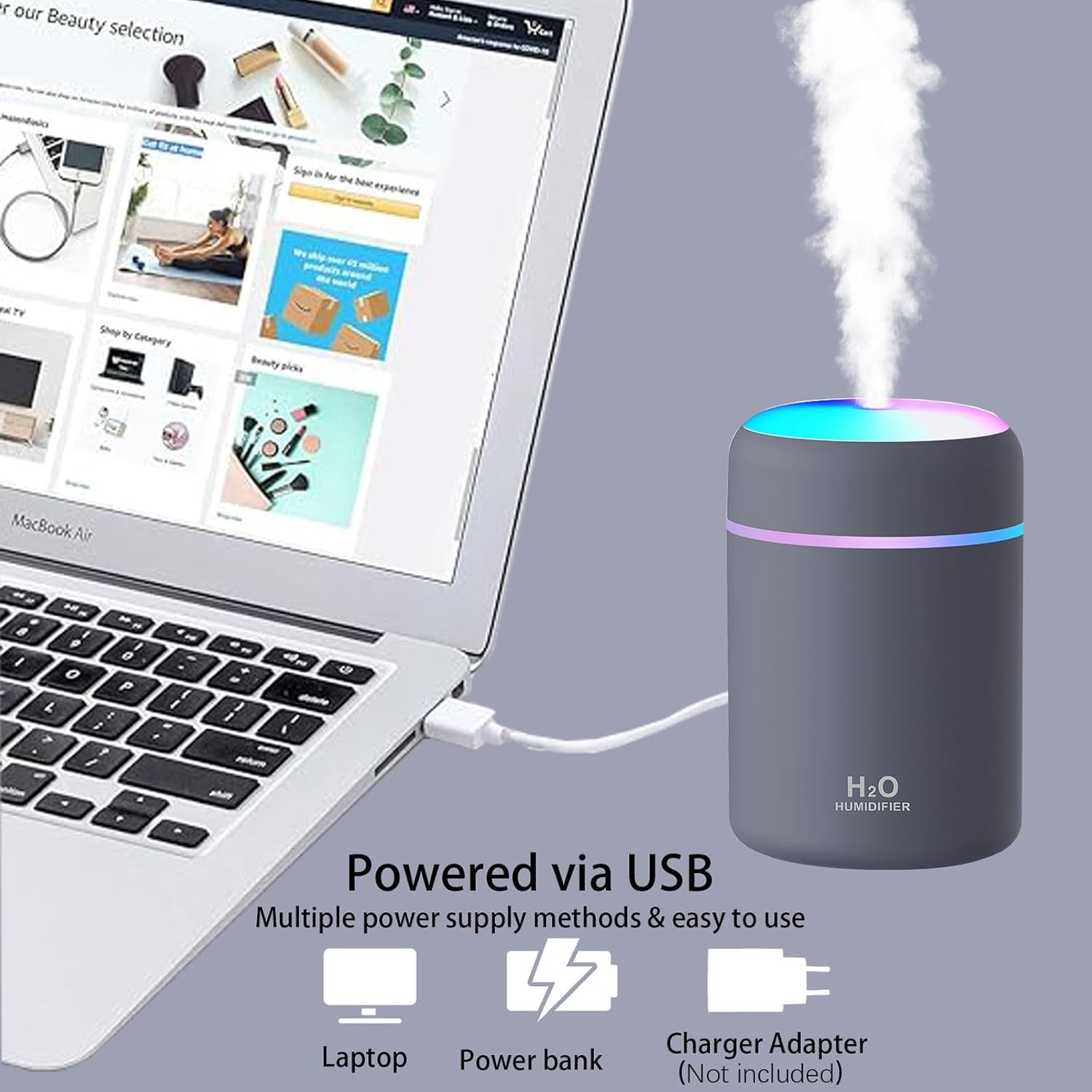 Mini umidificador, umidificador recarregável de 300 ml com luz noturna LED colorida, 2 modos de névoa, <30dB, para carro, escritório, casa (cinza) - 4
