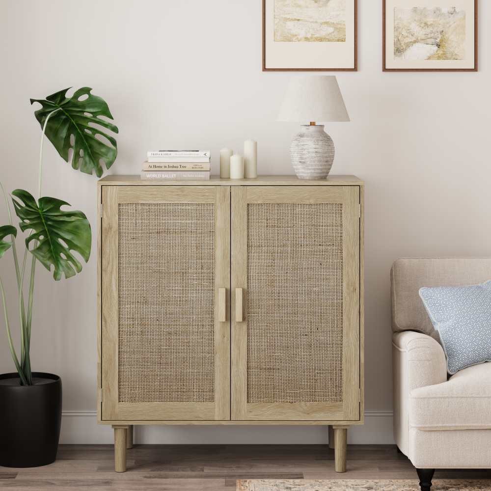 Buffet 2 portes en rotin, 80cm, rangement spacieux, anti-basculement – pour salon, salle à manger, entrée - 5