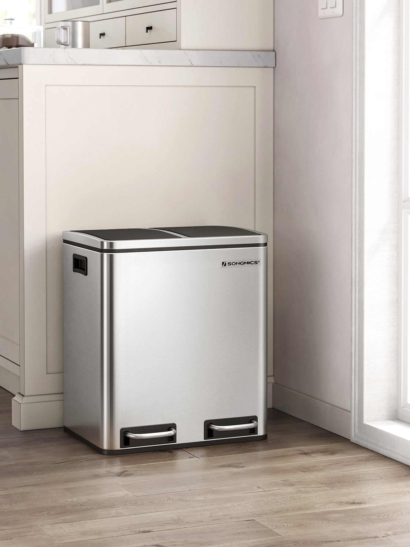 HOMCOM Cestino Cucina Doppio 2x28 L Con Pedale E Coperchio Soft-close | Acciaio Inox Anti-impronta, Secchi Rimovibili, Riciclaggio Facile