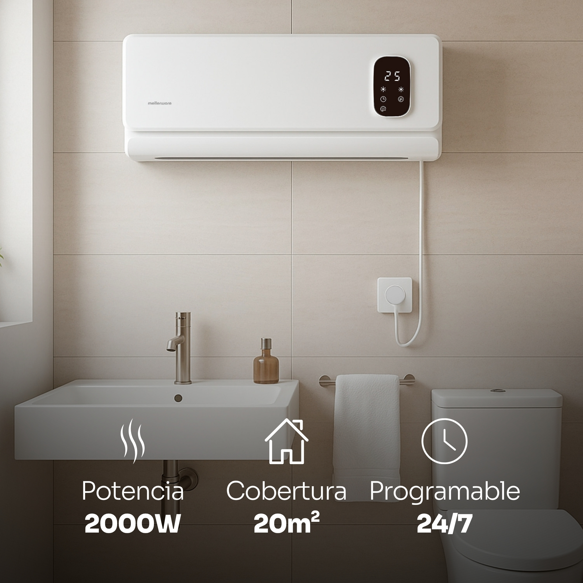 Aquecedor de parede de baixo consumo Mellerware – Homy Wall | Cerâmico | 2000 W | Temporizador | 2 níveis de temperatura | Visor LED | Controle remoto - 2