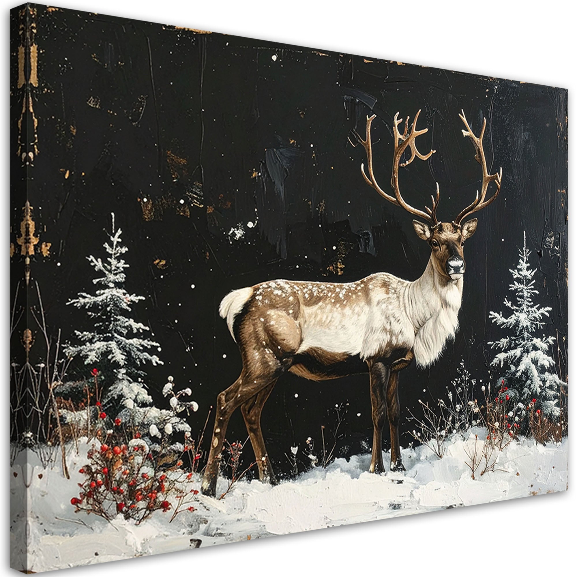 Obraz do salonu jadalni biura, Renifer zima śnieg choinki 120x80