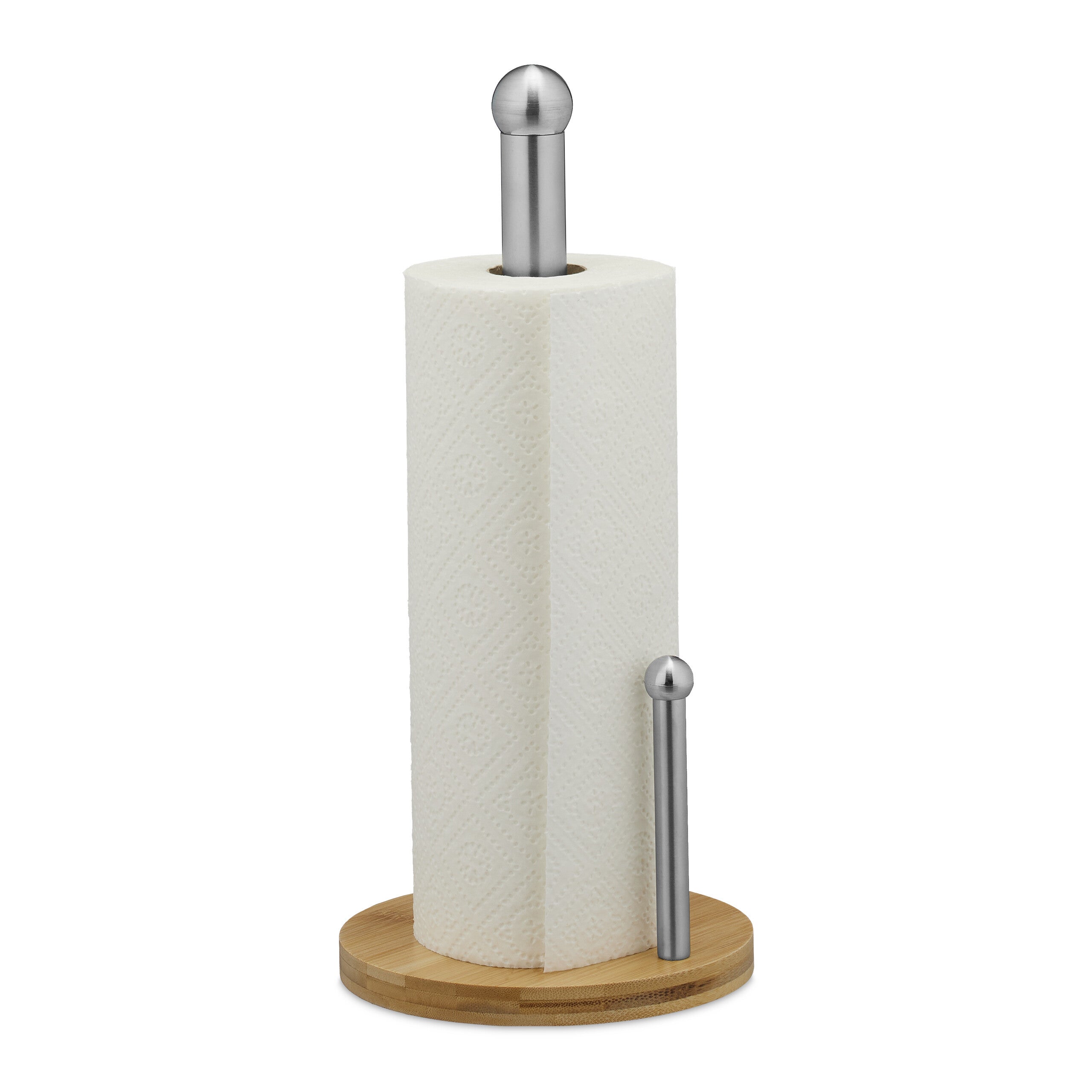 Support à Essuie-tout Vertical Relaxdays - En Bambou Et Acier Inox - Barre D'arrêt - H.35 X L.16 Cm