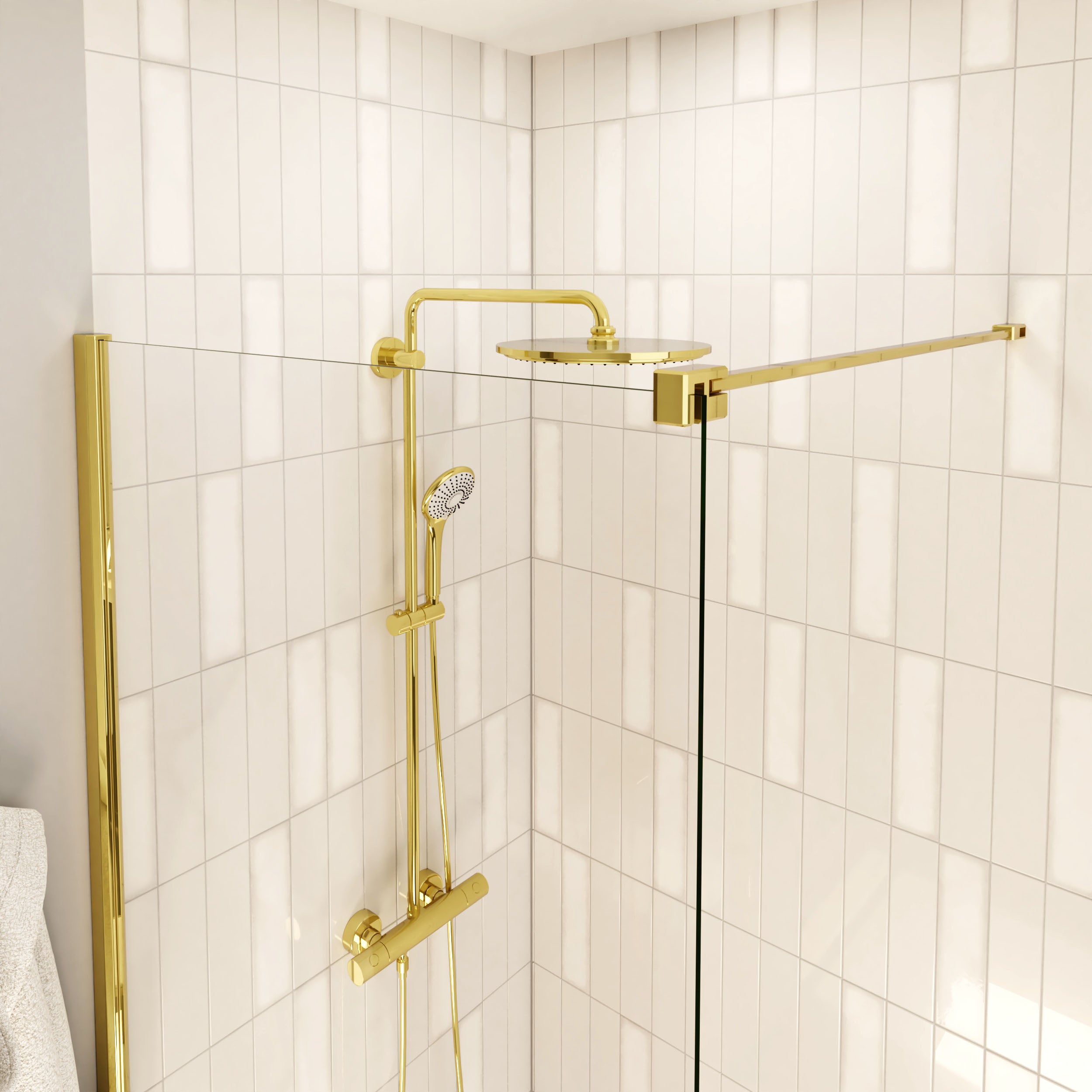 RESGUARDO DE DUCHE DE PAINEL FIXO | 70 x 195 CM | PERFIL OURO | VIDRO TEMPERADO DE 8MM DE ESPESSURA | TRATAMENTO ANTICALCARIO | PLUSBAÑO - 2