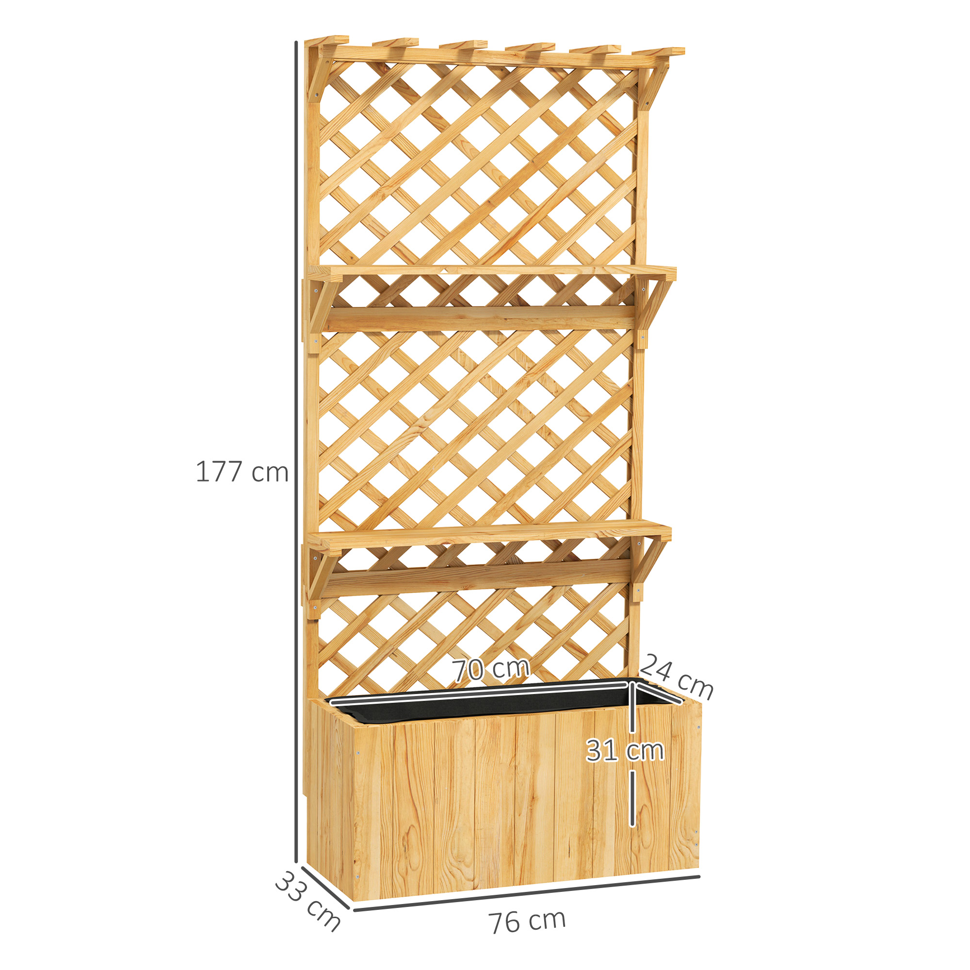 Outsunny Fioriera con Traliccio per Rampicanti, Fori di Drenaggio e 2 Mensole, in Legno di Abete, 76x33x177 cm - 3