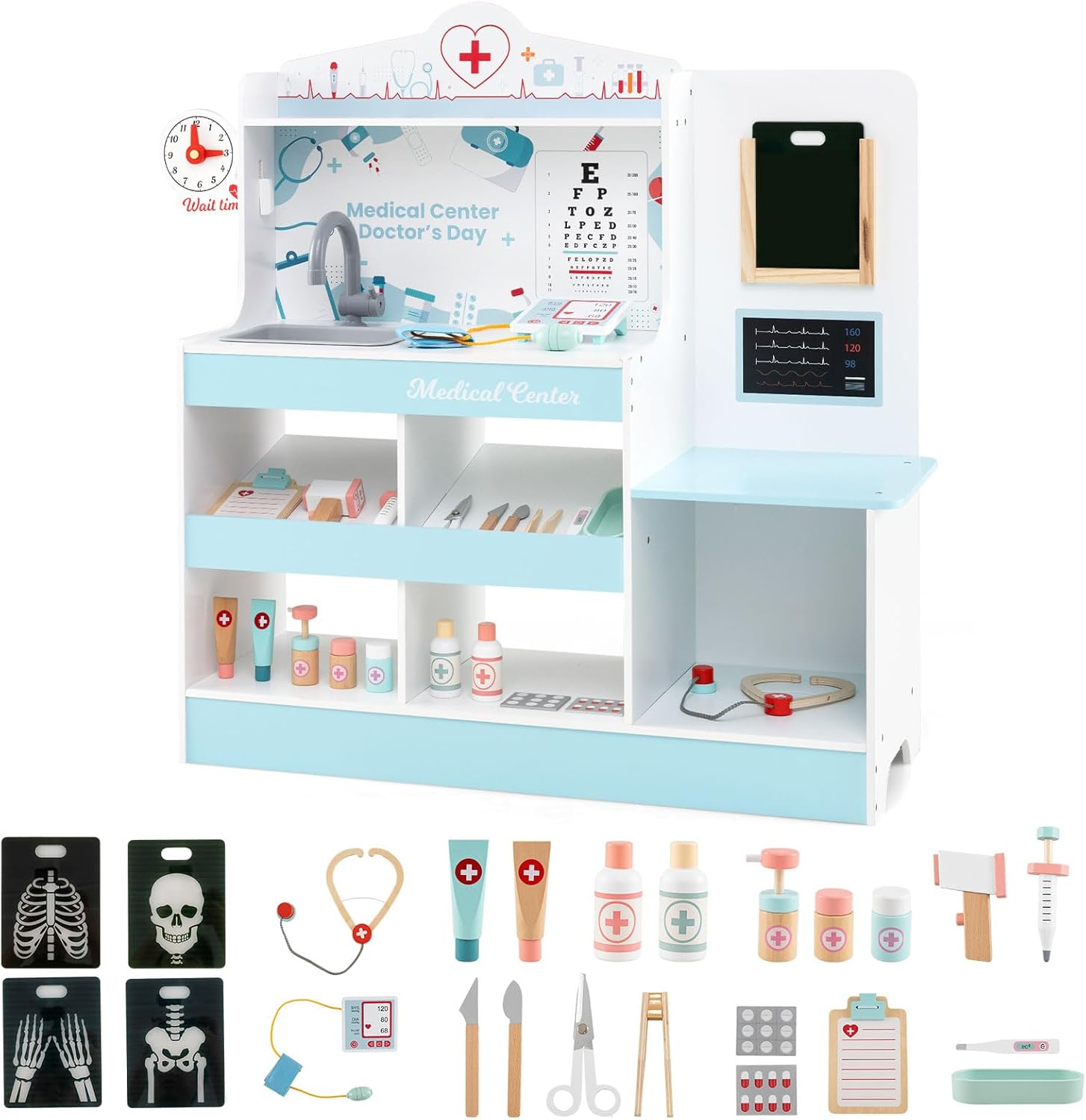 Zestaw Lekarski z Drewna dla Dzieci Powyżej 3 Lat, Medyczna do Zabawy w Lekarza ze Stetoskopem, Monitorem EKG i Filmem Rentgenowskim (Niebieski)