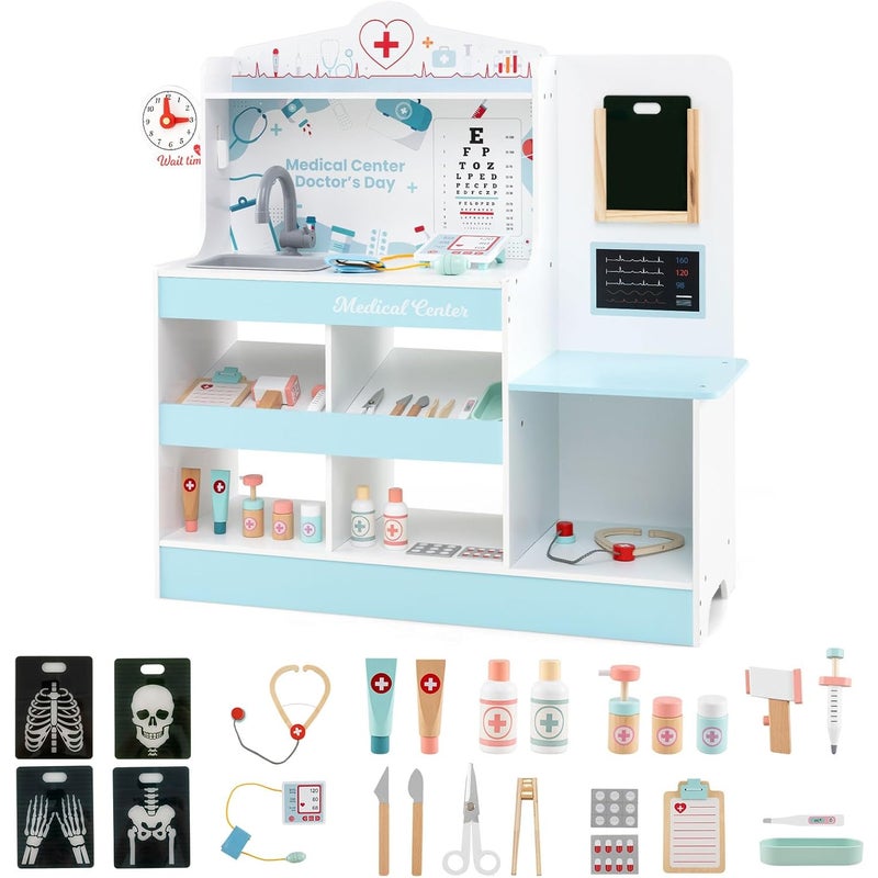 Zestaw Lekarski z Drewna dla Dzieci Powyżej 3 Lat, Medyczna do Zabawy w Lekarza ze Stetoskopem, Monitorem EKG i Filmem Rentgenowskim (Niebieski)
