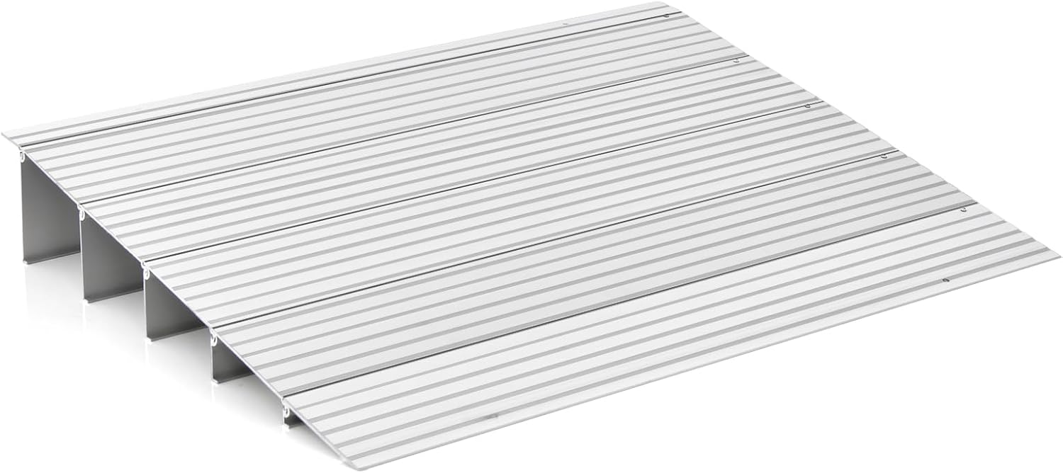 Pochylnia Progowa do Drzwi 86,5 x 66,5 x 13 cm, Nośność 317 kg, o Regulowanej Wysokości, Solidna Aluminiowa Rama, Powierzchnia Antypoślizgowa