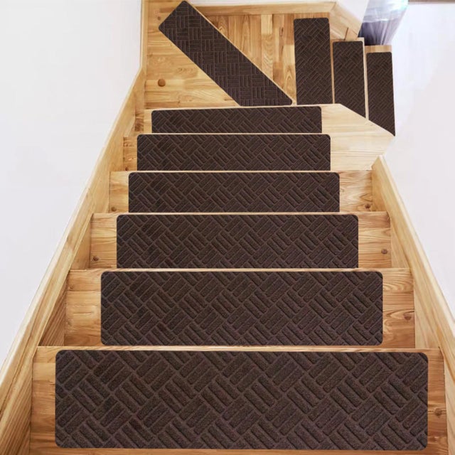 Tapis d'escalier antidérapants de qualité pour marches en Bois,intérieur,76x20cm,Motif Losanges en Relief,Tapis d'escalier Doux et sûr (café,5 pièces)