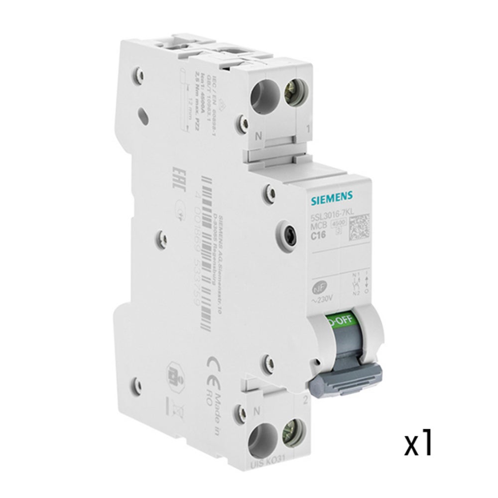 Disjoncteur Siemens 16A, courbe C, pouvoir de coupure 4,5 kA, AC/DC, norme NF EN 60898, garantie 2 ans - 5