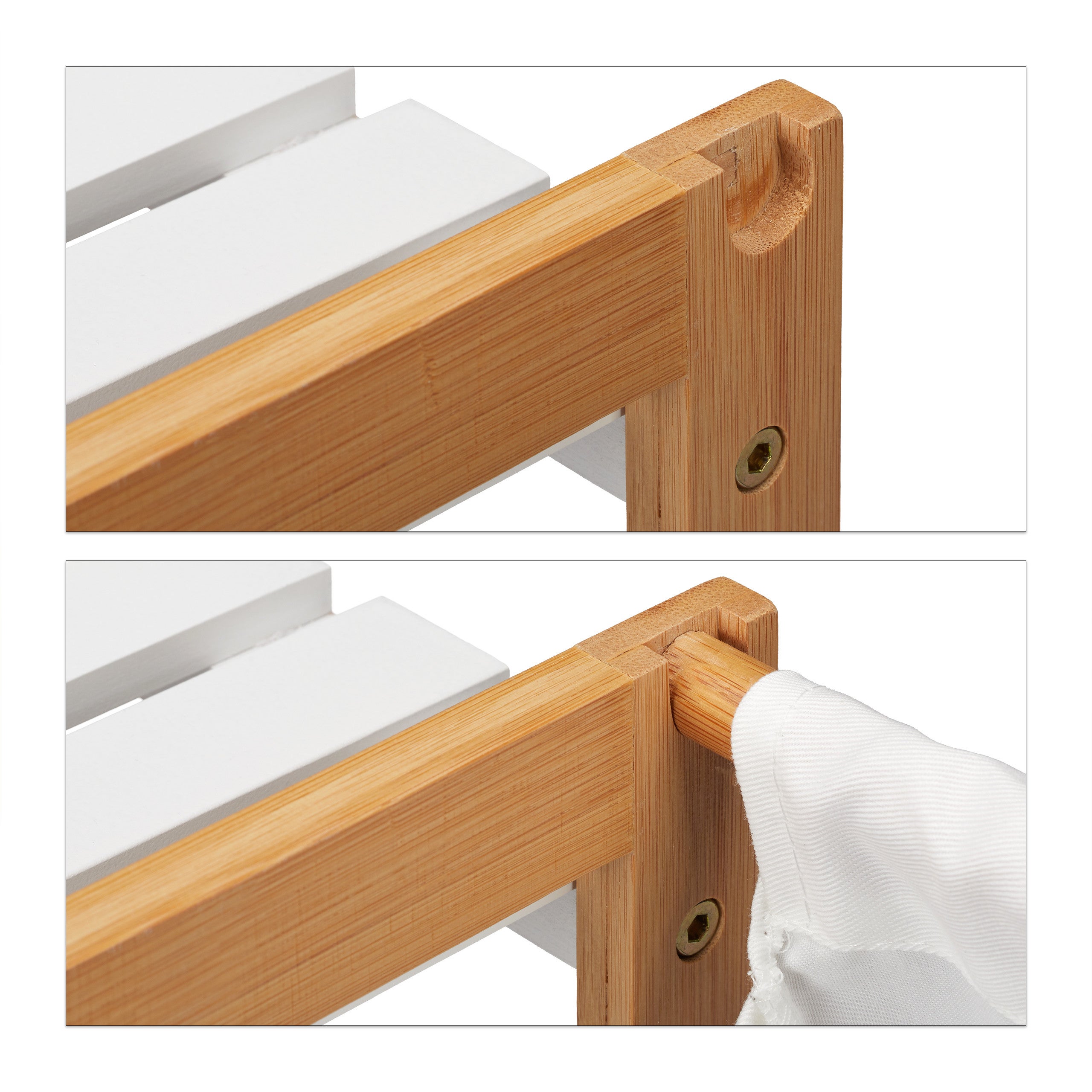 étagère de salle de bain avec panier à linge, autonome, Bambou et MDF, 76x65,5x33 cm, naturel/blanc, Relaxdays - 7