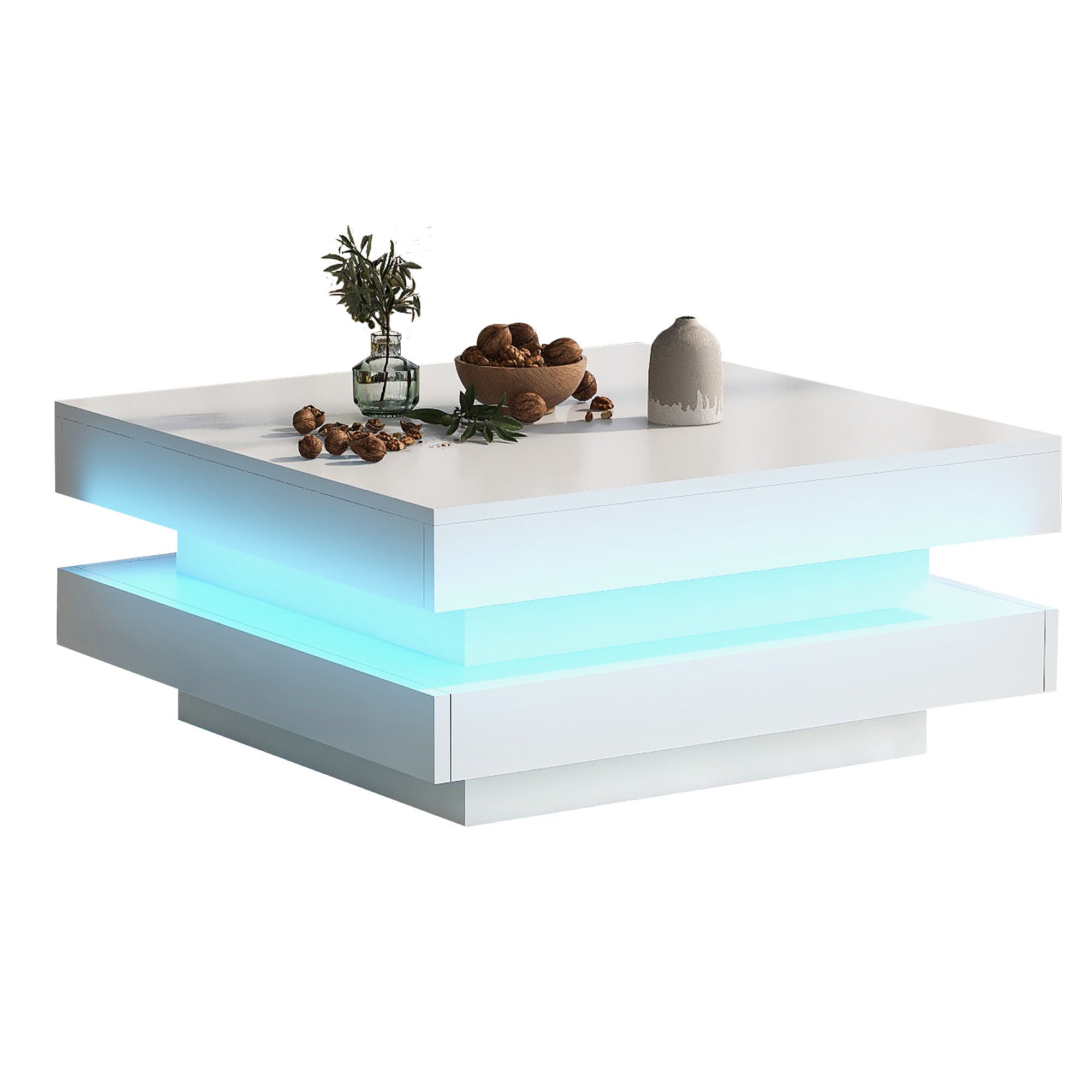 Stolik kawowy kwadratowy z obrotowym blatem - 70 x 70 x 36 cm - Diody LED - Płyta wiórowa - Biały - 3