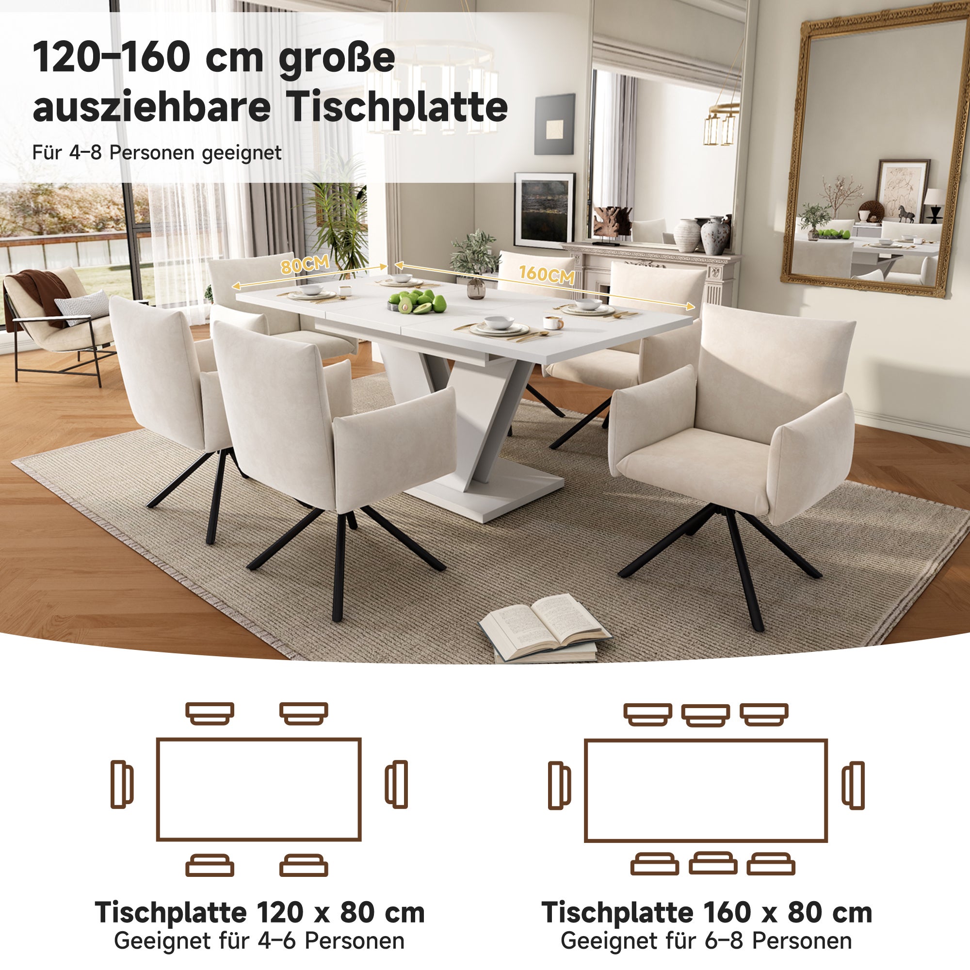 Table à manger extensible pour 4 à 6 couverts - 120/160 x 80 x 75.5 cm - MDF - Pièds en forme V - Blanc - 5