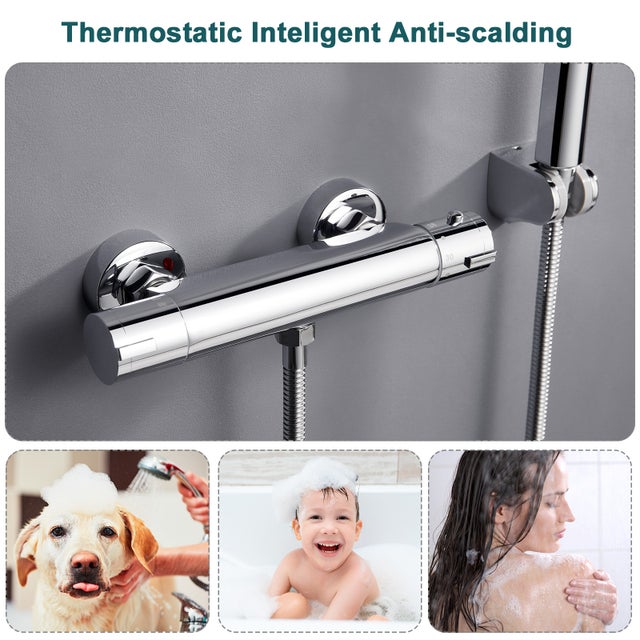 LOVHAUS Mitigeur de Douche avec Thermostat, 38°C Mitigeur de Douche en Saillie avec Bouton-Poussoir de Sécurité, Thermostat de Douche Rond Chromé