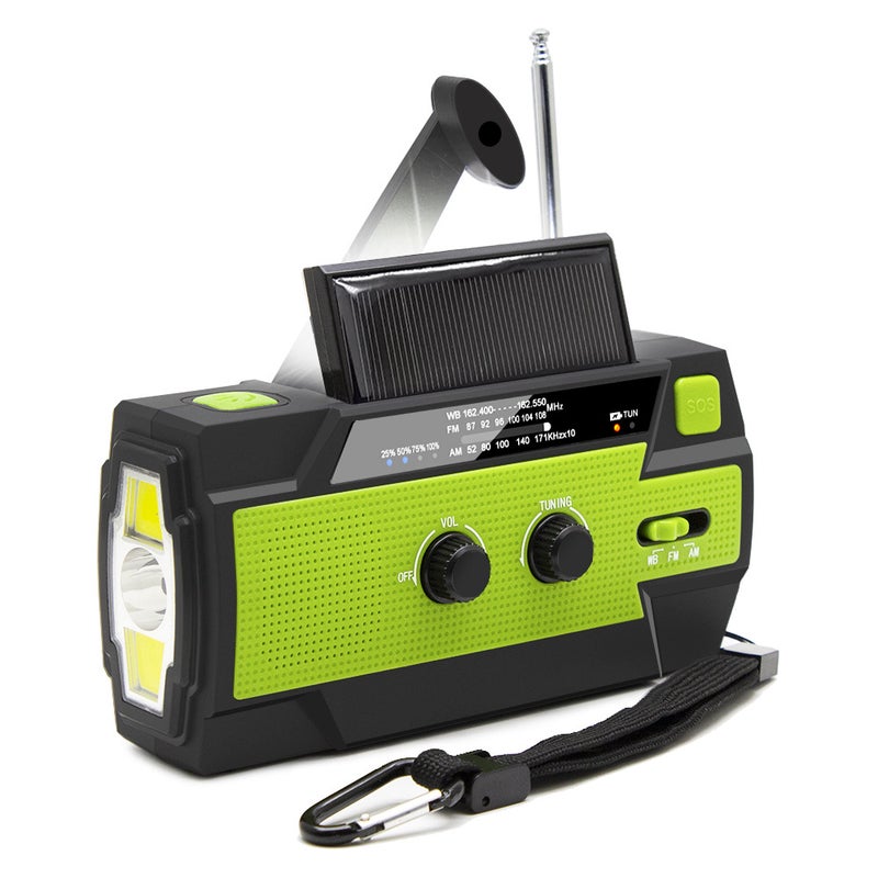 misja awaryjna, misja pogody, bateria 4000 mAh z korbką ręczną i ładowaniem słonecznym, przenośna latarka LED, alarm SOS, AM/FM/NOAA