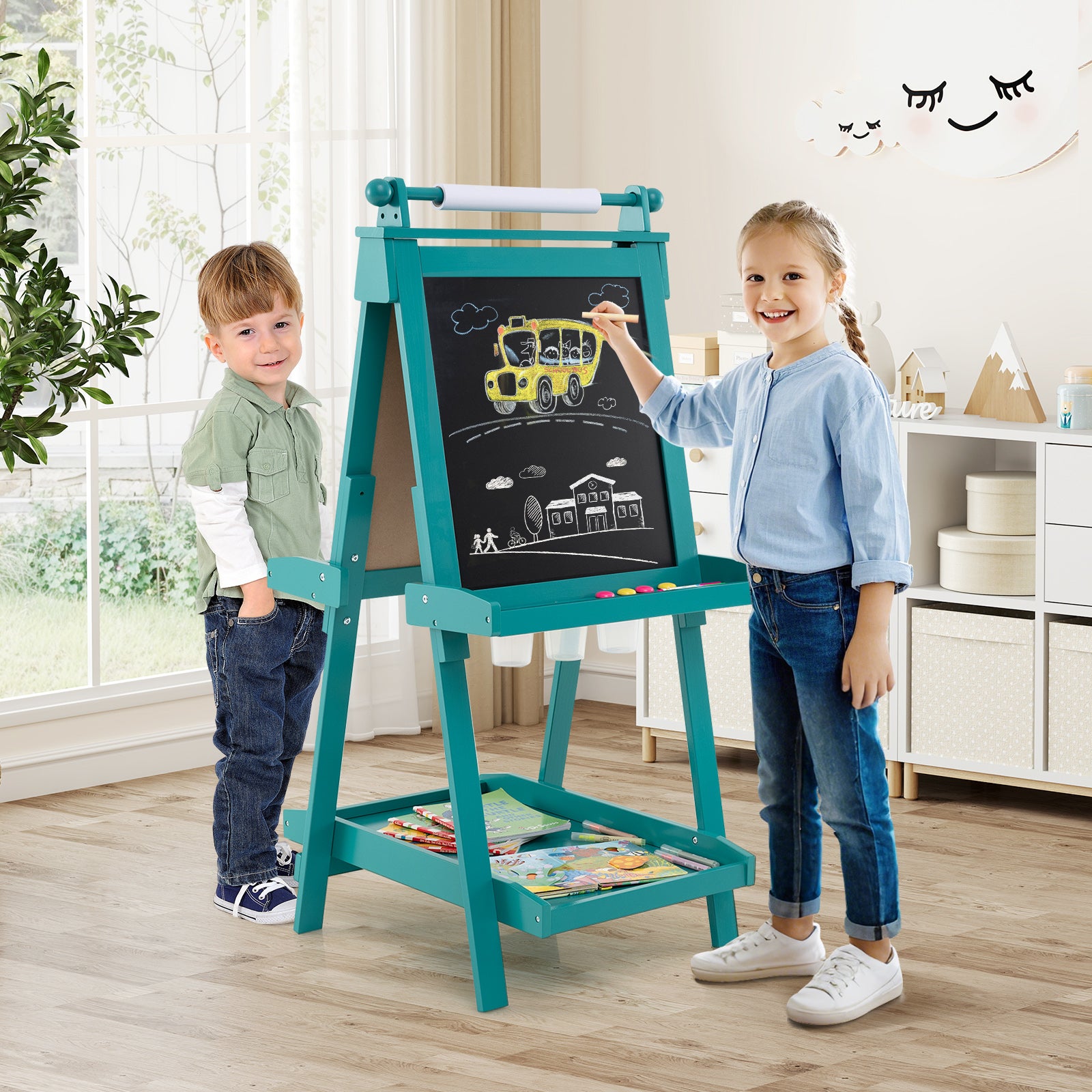 Chevalet Pliable pour Enfants, Double Face avec Tableau Noir et Tableau Blanc Magnétique, Rouleau de Papier Remplaçable, 3 Gobelets, Vert - 9
