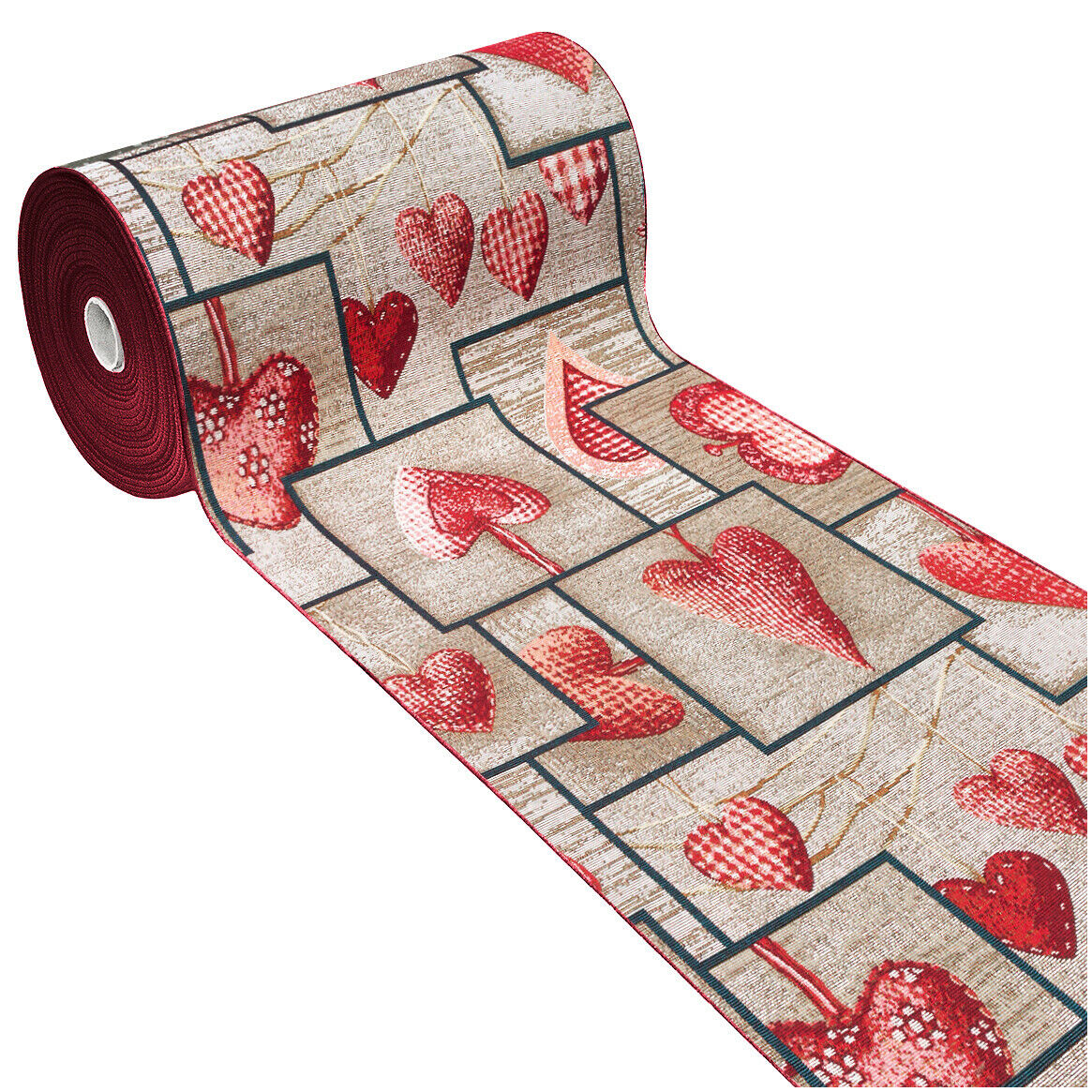 Dywan Kuchenny 54X280 cm Tkanina Gobelinowa Antypoślizgowy 100% Made in Italy Serca Shabby Chic Burgundowy