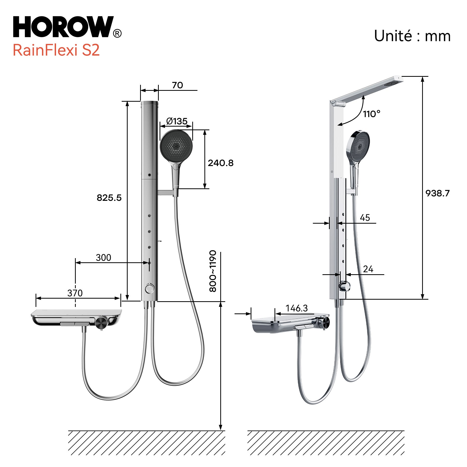 HOROW Ensemble de douche à effet pluie chromé, avec Robinetterie Thermostatique, 4 modes de massage, pliable, réglable en hauteur - 8