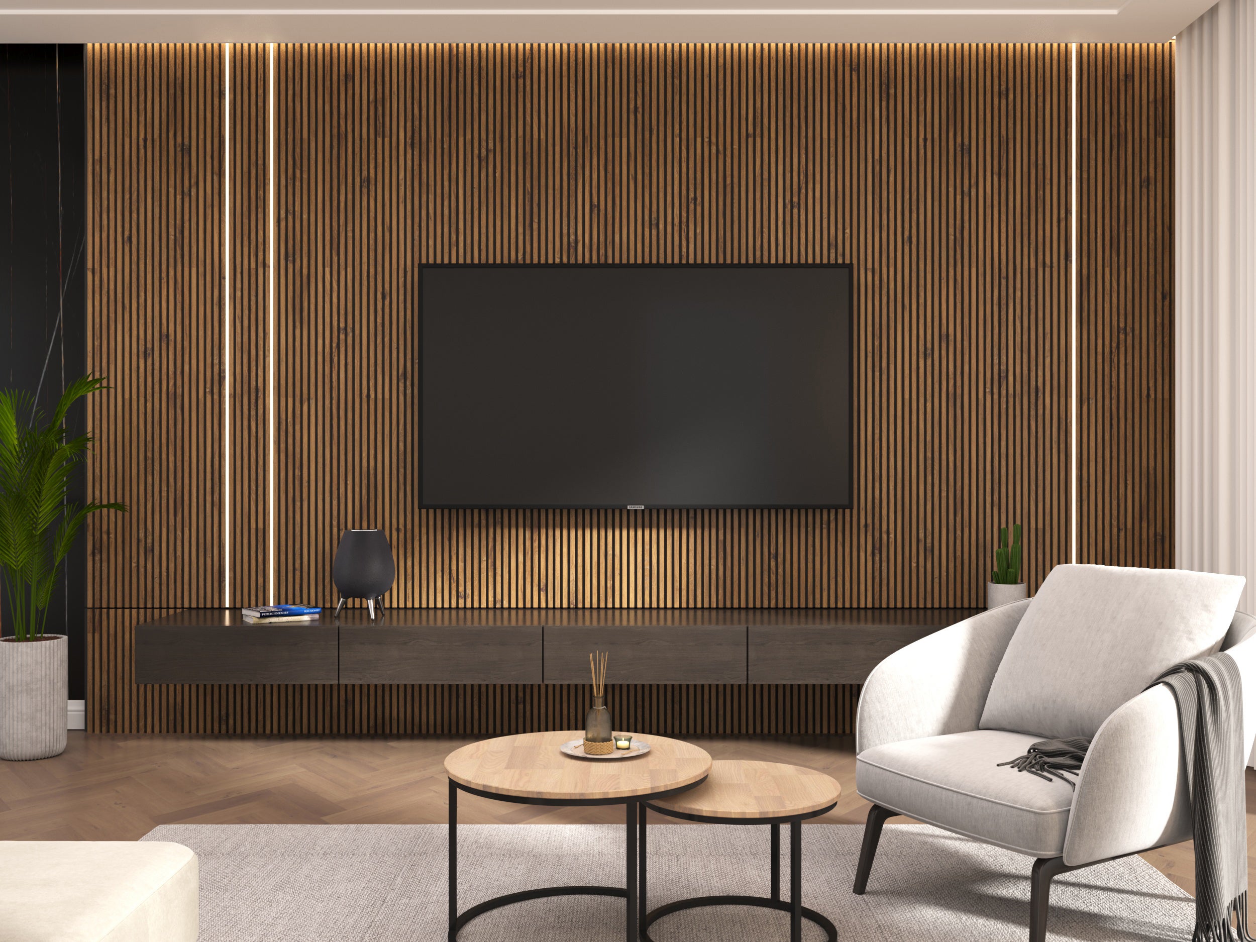 Panneau Tasseau Acoustique en Bois - Bois de Bouleau Massif - 2400x600mm - Lattes 18mm, Support en Feutre Noir - 7