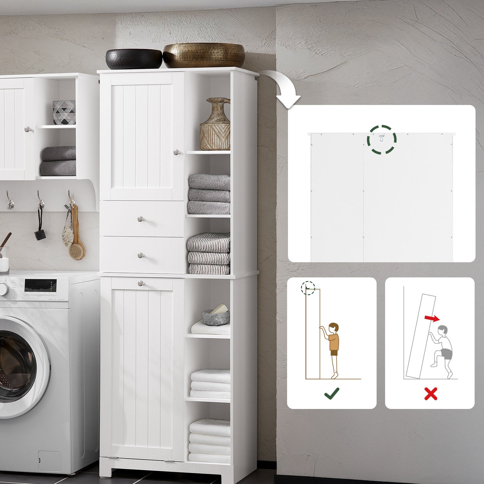 SoBuy Columna de Baño, Armario Alto con 2 Puertas y 2 Cajones, 6 Estantes y 1 Cesto para Ropa, Blanco, BZR104-W - 7