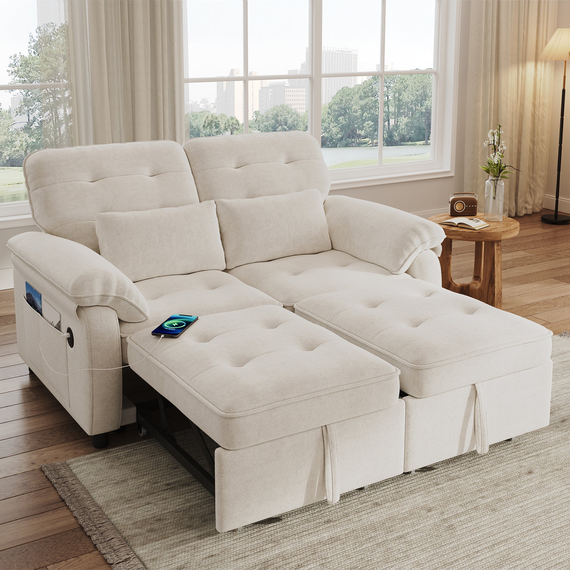 Sofa rozkładana 2-osobowa z odchylanym oparciem, portami USB/Type-C i kieszeniami - 142 x 90 x 86,5 cm - Chenille - z funkcją spania - Beżowa
