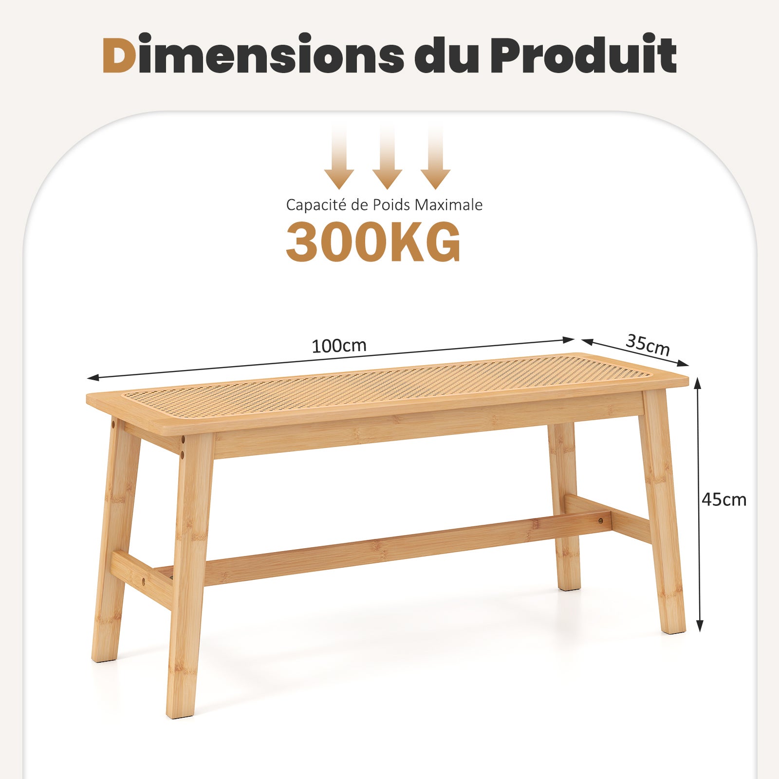 Banc de Salle à Manger en Bambou avec Assise en Rotin Tressé à la Main, Banc d'Intérieur pour Entrée, Ottomane pour Chaussures 100 x 35 x 45 cm - 3