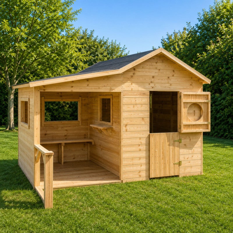 Cabane en bois traité avec préau et banc HACIENDA - 4