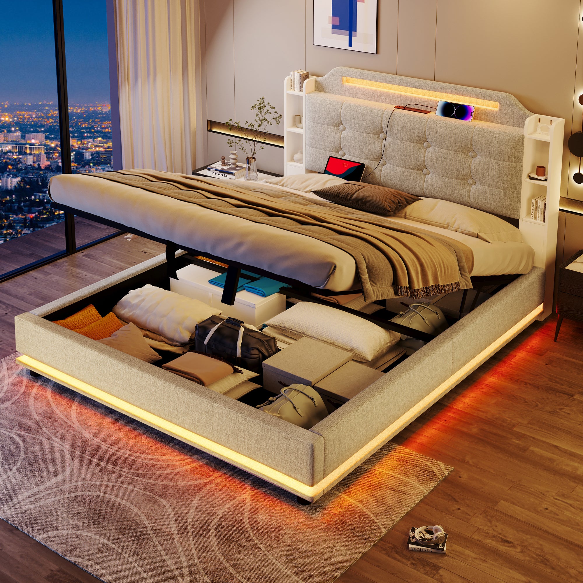 Tapicerowane łóżko skrzyniowe 140x200cm - z oświetleniem LED - ze schowkiem - USB+TYPE-C - pościel - beżowe (bez materaca)