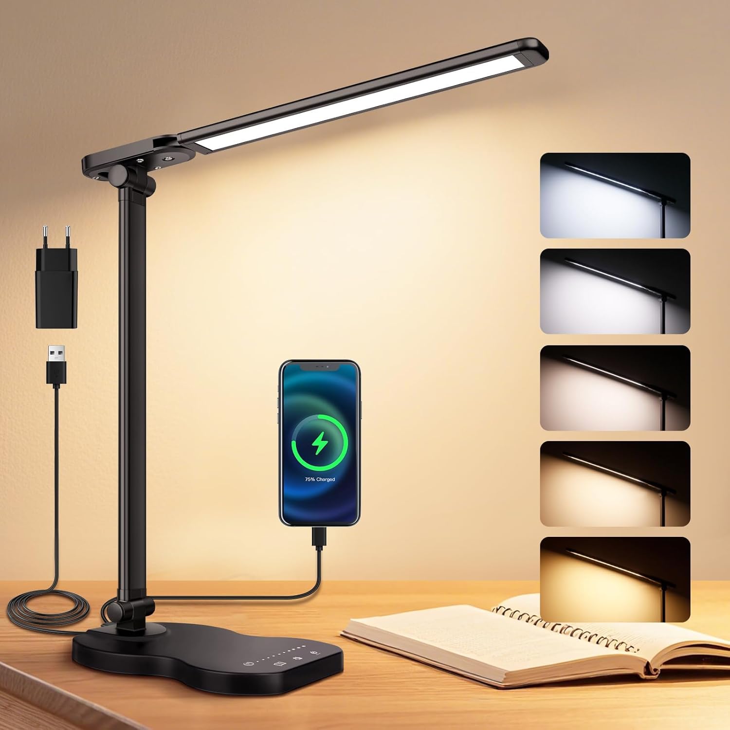 Lampă LED LATIO, lampă reglabilă cu 5 moduri de culoare și 10 niveluri de luminozitate, temporizator, control tactil, port USB-C, lampă de citit
