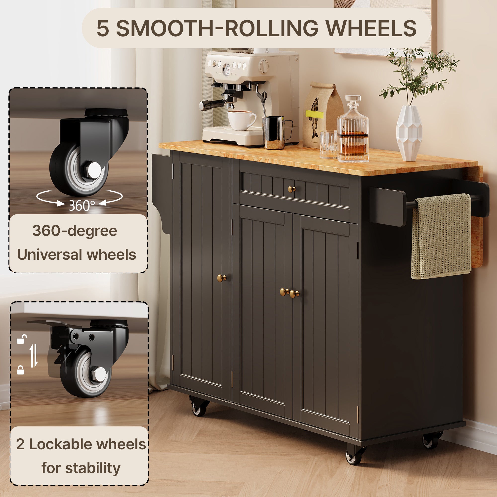 Îlot de cuisine mobile avec 3 portes et 1 tiroir, plateau extensible 130x45(75)x88 cm, MDF noir et naturel, Bealife - 6