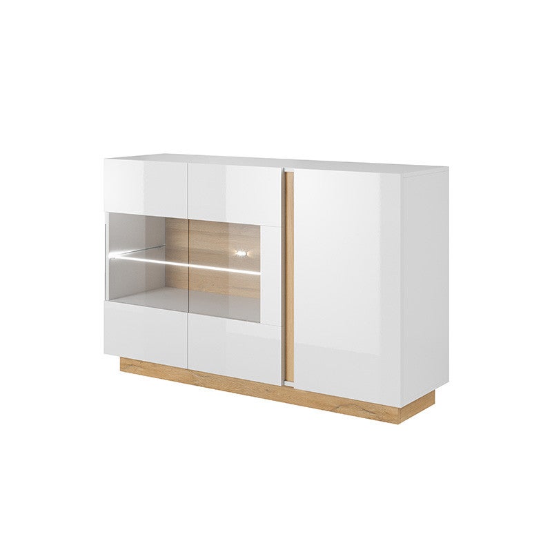 Komoda z witryną ALTO 138 / Biały połysk + Dąb grandson + LED Clip 2pkt – Nowoczesny design
