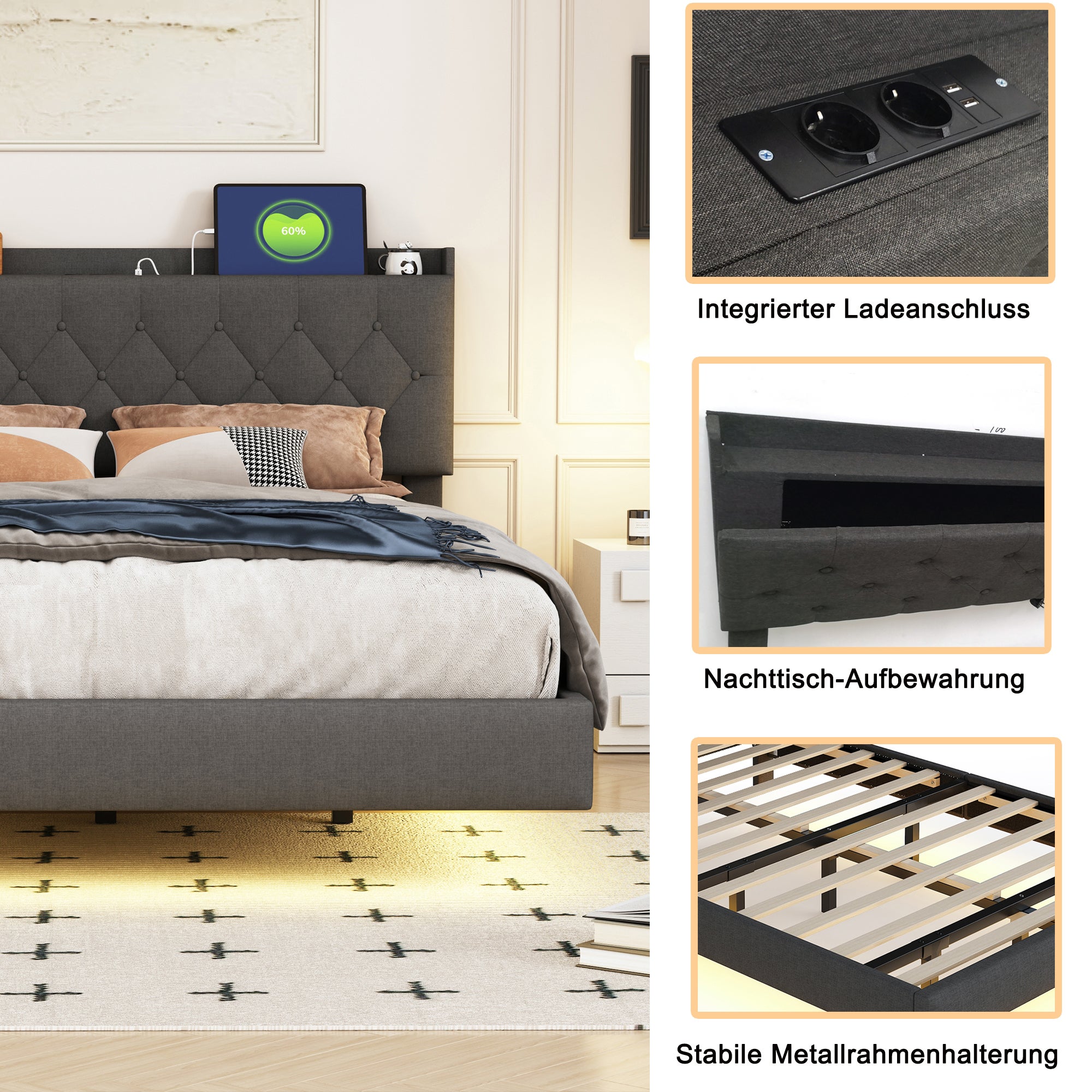 Cama acolchada de lino 160x200 cm - con puerto de carga USB y LED - con somier - Gris - 8